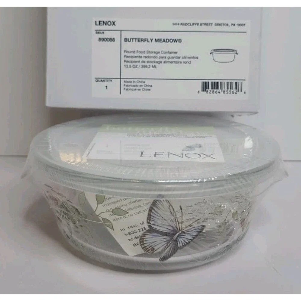 Lenox Butterfly Meadow Round Food Storage Container 13.5 oz Glass W/ Lid Sealed
